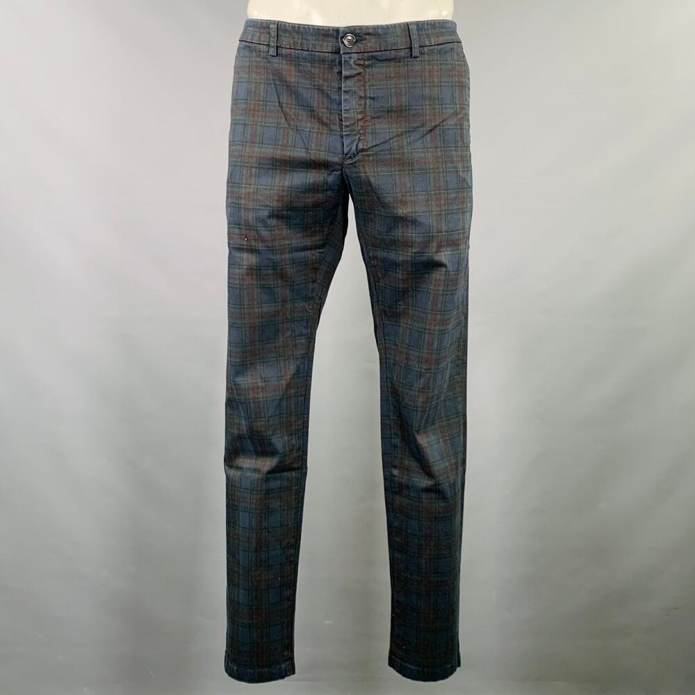 DEPARTMENT FIVE Size 35 Navy Burgundy Plaid Cotton Blend Casual Pants